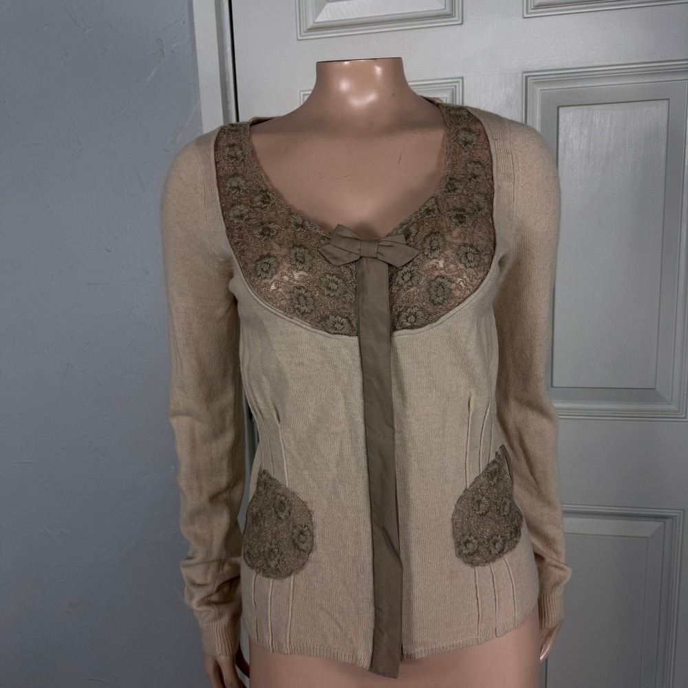 Guinevere Women's Sweater S Faded shale Cashmere Cardigan Button Bow Lace YY1